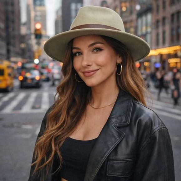 Free People 100% Wool Fedora Hat OS Pistacchio Green Wide Brim Hipster Boho main image 5